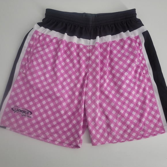Lax World Womens Team Athletic Lacrosse Shorts Gingham Pink Black New Large NWT - Picture 1 of 7
